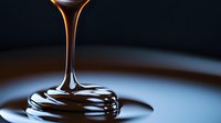 Liquid chocolate or caramel pouring in slow motion creating glossy swirl pattern on dark background, macro food photography showing viscosity and flow.