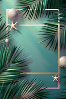 Tropical palm leaves frame with golden border, starfish and spheres on turquoise background. Summer beach concept for spa, wellness, and resort designs.