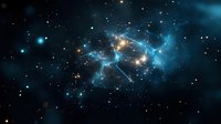 Glowing star cluster with blue and golden luminous particles scattered across dark space, suitable for astronomy and science backgrounds.
