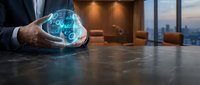 Professional businessman holding glowing digital globe with network connections in modern office boardroom for global business technology concepts.