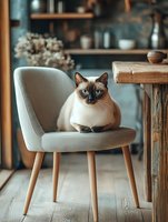 Siamese cat with blue eyes sitting on beige mid-century modern chair in cozy home interior with wooden table and dried flowers in background.