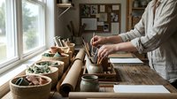 Young woman artist working in pottery studio with clay bowls and ceramic tools on wooden table near window for creative handmade crafts projects.