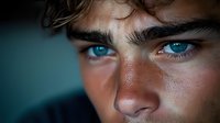 Close up portrait showing intense bright blue eyes, dark eyebrows, and freckled skin in dramatic lighting. Artistic macro photography captures facial features with shallow depth of field.