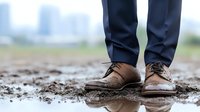 Brown leather brogues and navy suit pants standing in muddy puddle with blurred urban background, reflecting business resilience in challenging conditions.