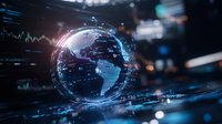 Digital globe with glowing network connections and data streams floating over dark technological surface with financial charts and market analytics.