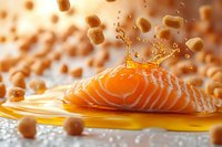 Fresh salmon fillet with golden oil splash and flying soy sauce drops on blurred background. Creative food photography for restaurant menu and cooking.