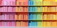 Colorful rainbow gradient bookshelf with books arranged by color from pink to yellow, creating an aesthetic ombre effect in modern library interior.