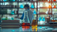 Laboratory glassware with colorful liquid chemicals on desk against blurred scientific background with books and research equipment in modern chemistry lab.