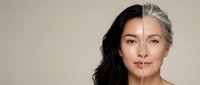 Asian woman face split showing aging process from young to mature with smooth and wrinkled skin for skincare and beauty treatment concepts.