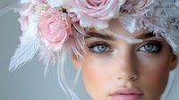Young woman with bright blue eyes wearing delicate pink roses and white feather headdress crown, soft romantic beauty portrait with gentle pastel colors and ethereal lighting.