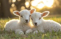 Two adorable newborn lambs resting together in green grass during golden sunset, soft bokeh background creates dreamy spring atmosphere.