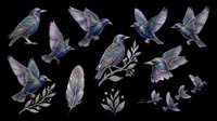 Hummingbirds and feathers isolated on transparent background, ready for t-shirt design, clipart, stickers, sublimation and print-on-demand projects.