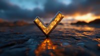 Glowing letter V stands on wet surface reflecting golden sunset light against dramatic stormy sky background, creating mysterious atmosphere.