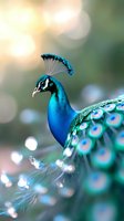 Majestic male peacock displaying vibrant blue and green plumage with ornate tail feathers and crown in soft bokeh natural outdoor setting.