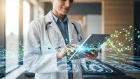 Professional male doctor using digital tablet with holographic medical data visualization and network connections in modern hospital corridor for healthcare technology.