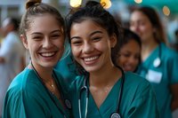 Two cheerful female healthcare professionals in teal scrubs with stethoscopes smiling together during a break at medical facility.