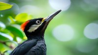 Close-up portrait of pileated woodpecker with distinctive red crest and black plumage against blurred green natural background, showing sharp beak and eye detail.