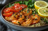 Grilled spicy shrimp served on quinoa with fresh tomato slices, parsley, and lemon in ceramic bowl. Close up view of healthy Mediterranean meal.