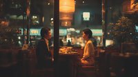 Young Asian couple enjoying intimate dinner conversation at cozy restaurant with warm ambient lighting and urban night view through windows.