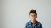Young boy with dark hair and light skin tone wearing a blue denim shirt, isolated on white background for portrait, headshot, and educational use.