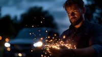 Caucasian bearded man holding glowing sparklers at dusk, creating magical light trails against dark background with bokeh lights and moody evening atmosphere.