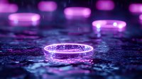 Glowing neon ring on wet dark surface with purple bokeh lights in background creates magical atmosphere for fantasy and sci-fi designs.