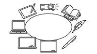 Business presentation concept with laptop, projector, tablet and office supplies arranged in circular frame for corporate training materials.