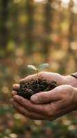 Hands holding soil with green seedling sprouting in natural forest setting with warm bokeh background for environmental and growth concepts.