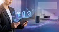 Professional woman using tablet for smart home security system with digital interface icons in modern living room environment.