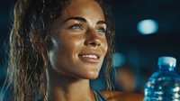 Young athletic woman with curly hair smiling after workout at night gym with water bottle, fitness motivation and healthy lifestyle concept.