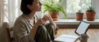 Young Caucasian woman in casual linen outfit sits thoughtfully by window with tablet, notebook, and coffee, surrounded by green plants in cozy home setting.