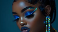 Young African American woman with creative glowing blue and turquoise makeup, glitter eyeshadow, and matching statement earrings in dramatic dark lighting for beauty and fashion.