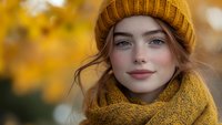 Young woman with freckles wearing mustard yellow knit beanie and cozy scarf smiling at camera against blurred autumn foliage background, natural beauty portrait.