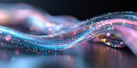 Glowing blue and pink wave with sparkles and bokeh effects creates magical flowing light stream against dark background, abstract digital art design.