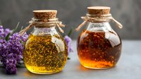 Glass bottles with golden and amber honey or syrup, decorated with cork stoppers and twine, next to purple wildflowers on rustic background. Natural organic product.