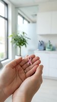 Hands holding pink ribbon symbol for breast cancer awareness in bright modern kitchen setting with natural light and plants.