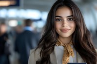 Young Hispanic businesswoman with long dark hair and confident smile wearing beige blazer and silk scarf in modern office environment with blurred background.