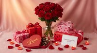 Romantic Valentine's Day setup with red roses in vase, heart-shaped gift boxes, love card and scattered petals on pink silk background for holiday celebration.