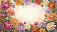 Colorful chrysanthemum floral frame with soft glowing center, watercolor style, autumn blooms in pink, orange, purple and white tones.