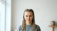 Young woman with blonde braided hair wearing casual gray t-shirt, standing indoors near window with natural light. Suitable for lifestyle, fashion, and portrait projects.