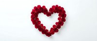 Red rose petals arranged in heart shape on white background for Valentine's Day romance and love celebration design.