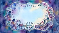 Watercolor frame with cats, moon phases, stars, and floral elements in purple and blue tones, with empty center space for text or design.