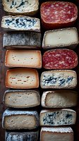 Artisanal cheese and charcuterie board featuring variety of aged cheeses with blue veins, spiced varieties, and cured salami slices for gourmet dining.