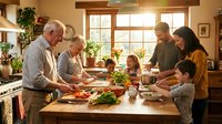 Multi-generational Caucasian family cooking together in rustic kitchen with wooden beams, preparing healthy meal with fresh vegetables and herbs.