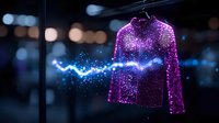 Glowing purple jacket with magical blue light trail floating in dark space, sparkly particle effect creates ethereal fashion display. Surreal night atmosphere with bokeh background.
