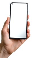 Hand holding modern smartphone with blank white screen isolated on white background. Perfect for app or website mockup designs.