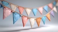 Colorful fabric bunting with pastel triangular flags in pink, blue, cream, and orange hanging on string against neutral background. Perfect for party decoration.