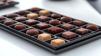 Luxury chocolate pralines and truffles assortment in elegant black box with various shapes, textures and decorative patterns, selective focus on gourmet confectionery.