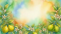 Watercolor lemon tree branches with white blossoms and ripe yellow fruits frame a soft, glowing center. Ideal for spring designs, kitchen decor, and botanical backgrounds.