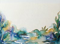 Watercolor abstract landscape with flowing blue, green, and golden yellow washes creating organic shapes and botanical elements. Isolated on white background, ready for design projects, prints, and creative applications.